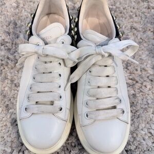 White Leather Women’s Sneakers with Studs / Rhinestones